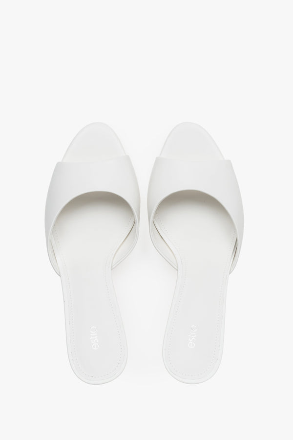 Top view of women's white leather heeled mules by Estro