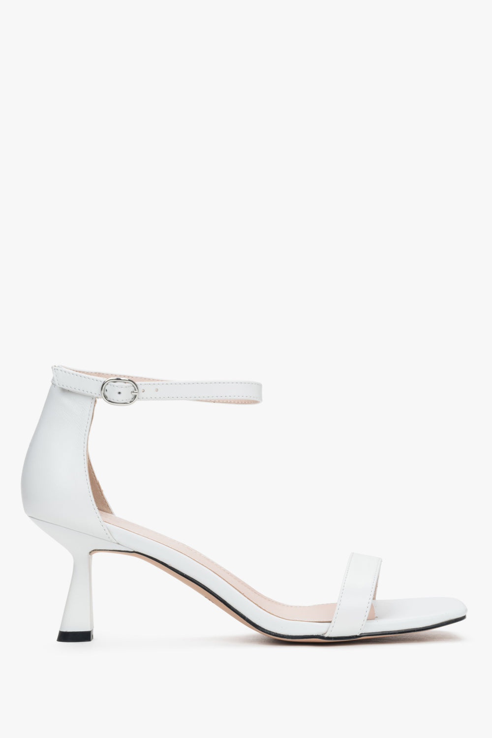 Elegant white sandals for women from Estro, crafted from genuine leather, and set upon a stylishly sturdy funnel heel.
