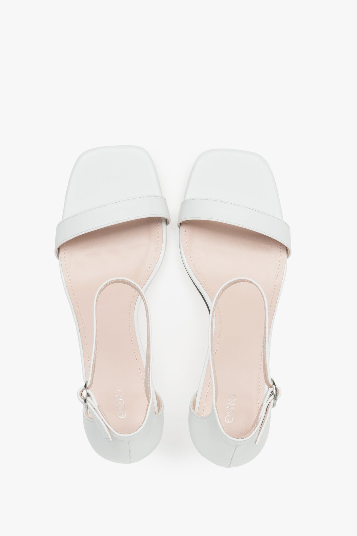 Sophisticated women's white sandals by Estro, crafted genuine leather, and finished with a modern funnel heel.