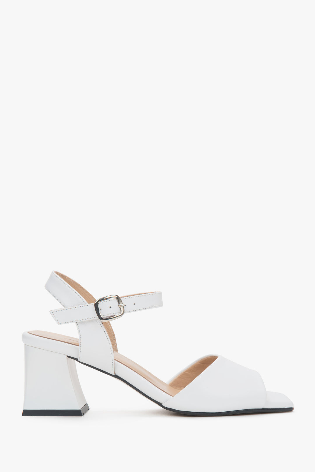 Women’s White Leather Sandals with Stable Block Heel and Adjustable Buckle Estro ER00117668.