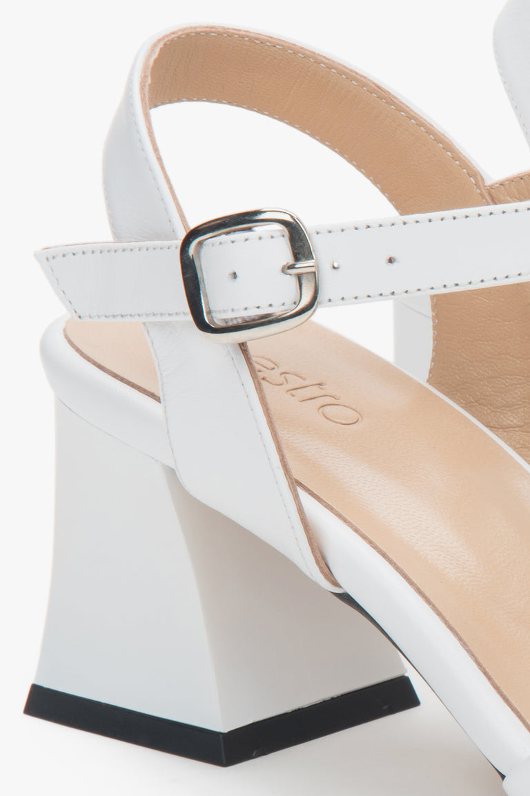 White women’s Estro leather block-heel sandals with an adjustable buckle.