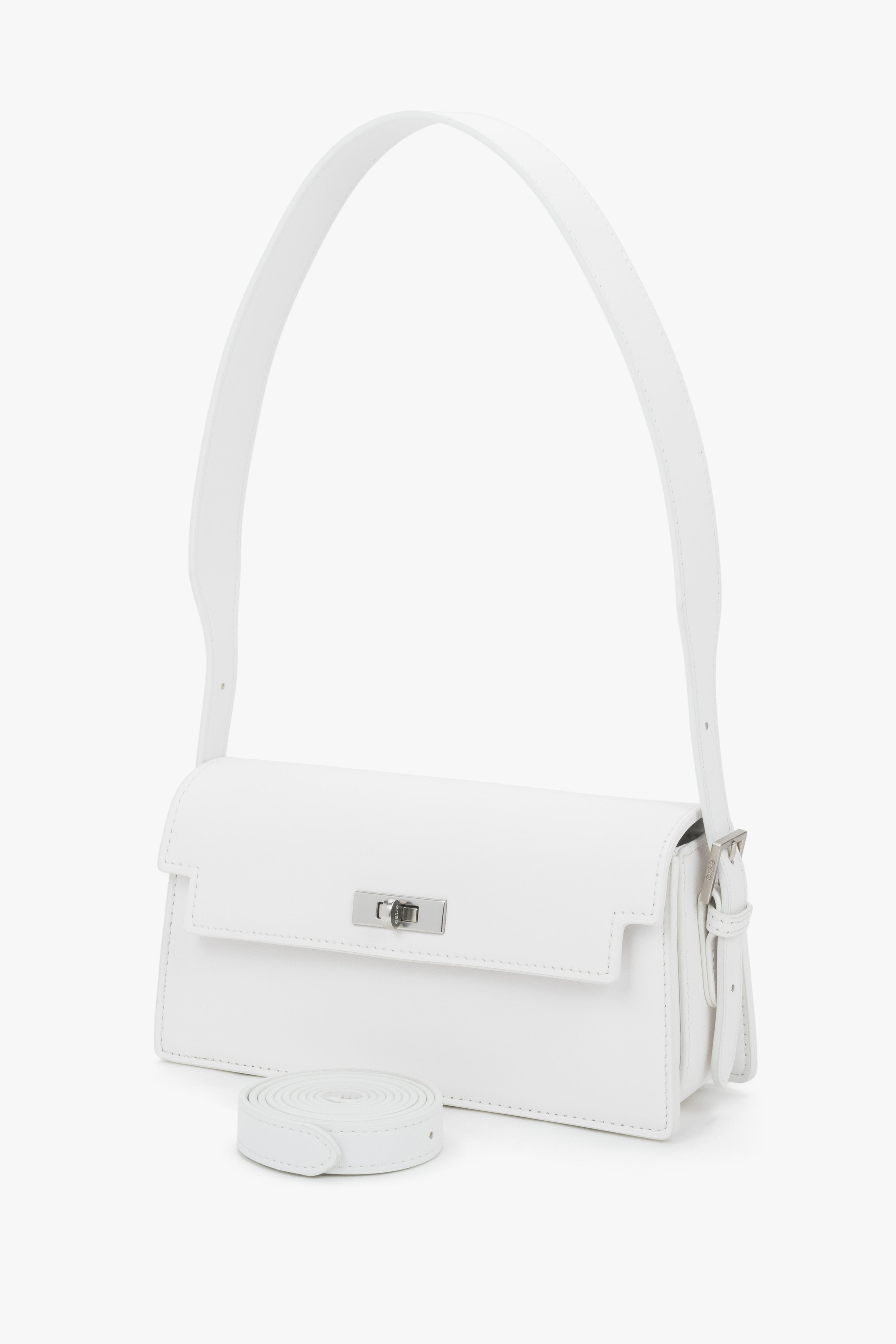 Front view of women's white leather shoulder bag by Estro