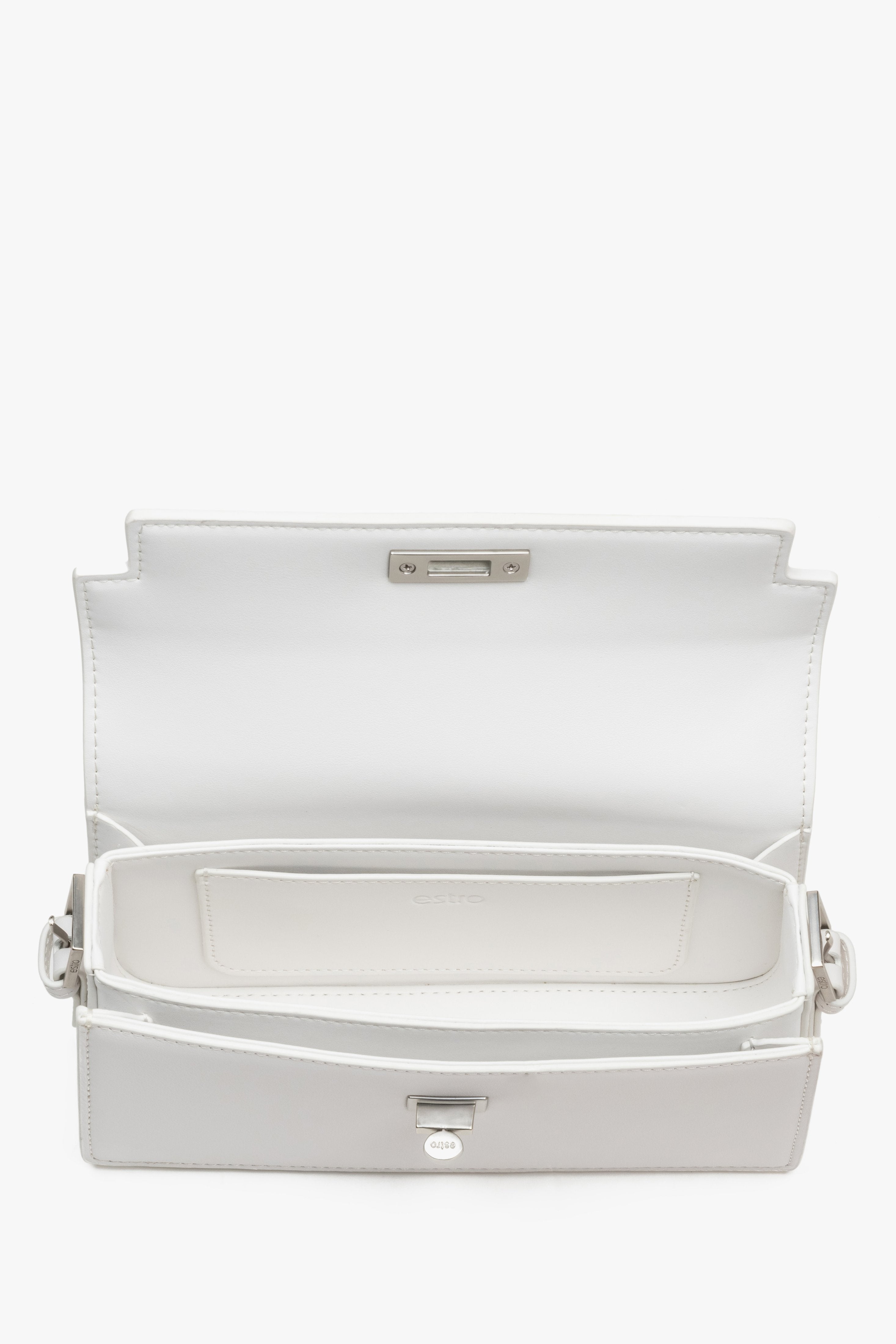 Interior view of women's white leather shoulder bag by Estro