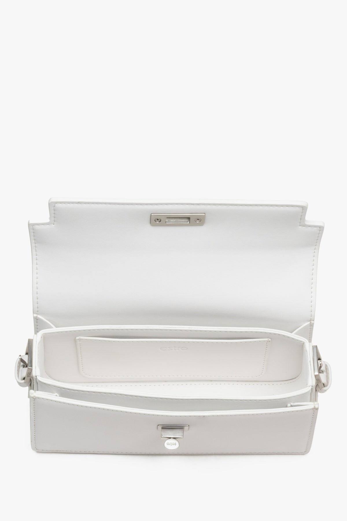 Interior view of women's white leather shoulder bag by Estro