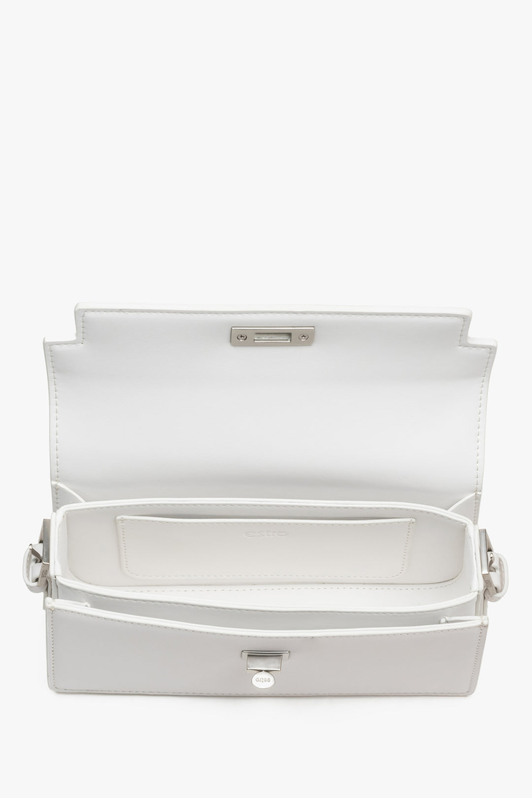 Interior view of women's white leather shoulder bag by Estro