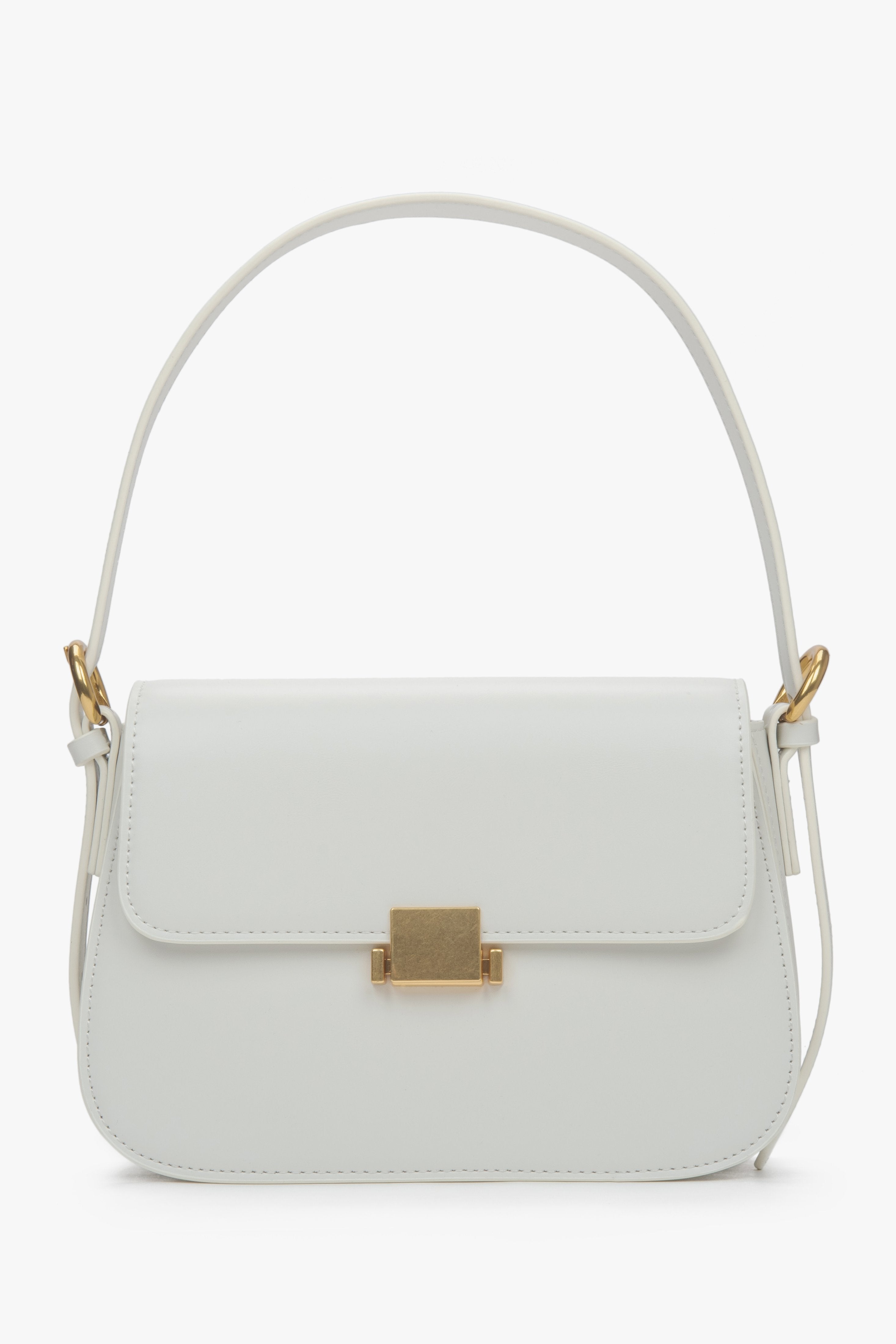 Women’s white leather shoulder bag with gold-tone hardware by Estro.