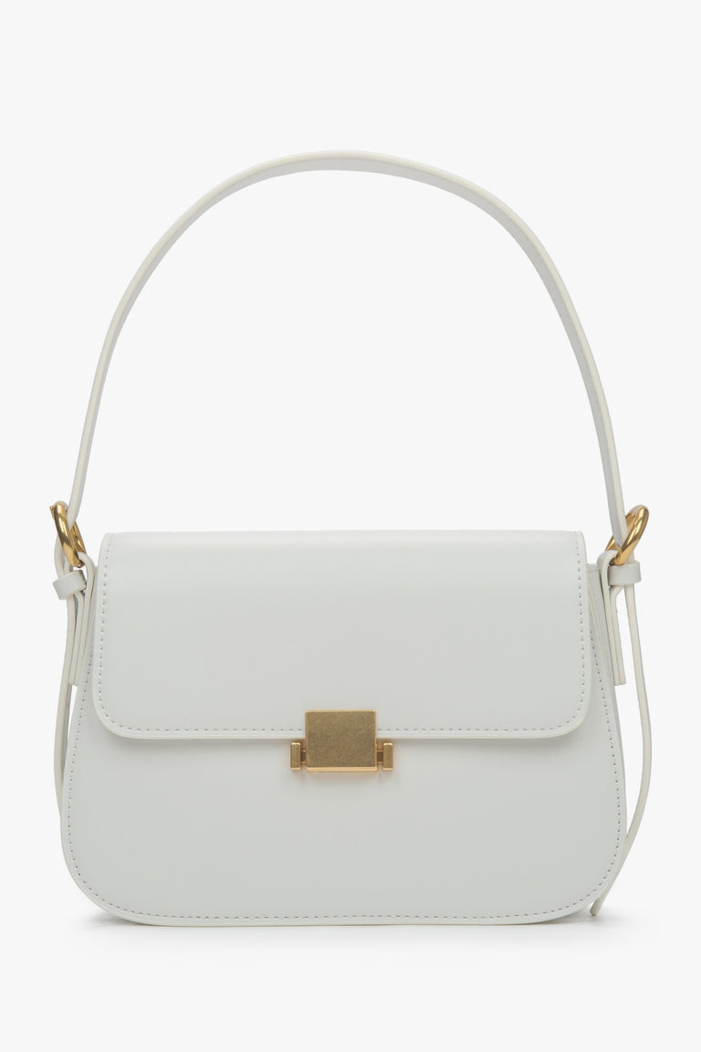Women’s white leather shoulder bag with gold-tone hardware by Estro.