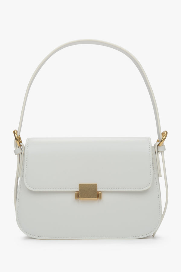 Women’s white leather shoulder bag with gold-tone hardware by Estro.