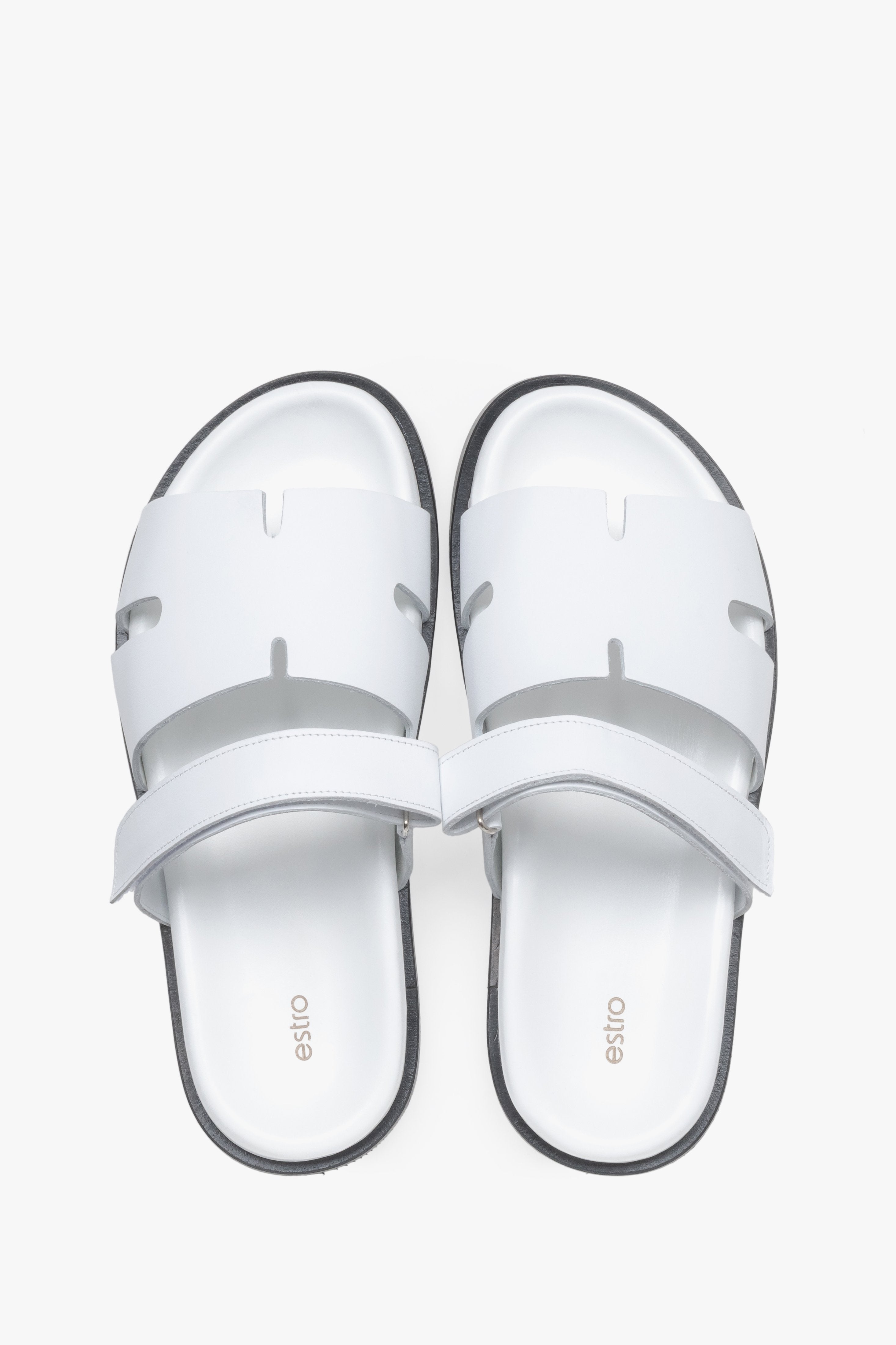 Women’s white leather slides with an adjustable strap, Estro – top view.