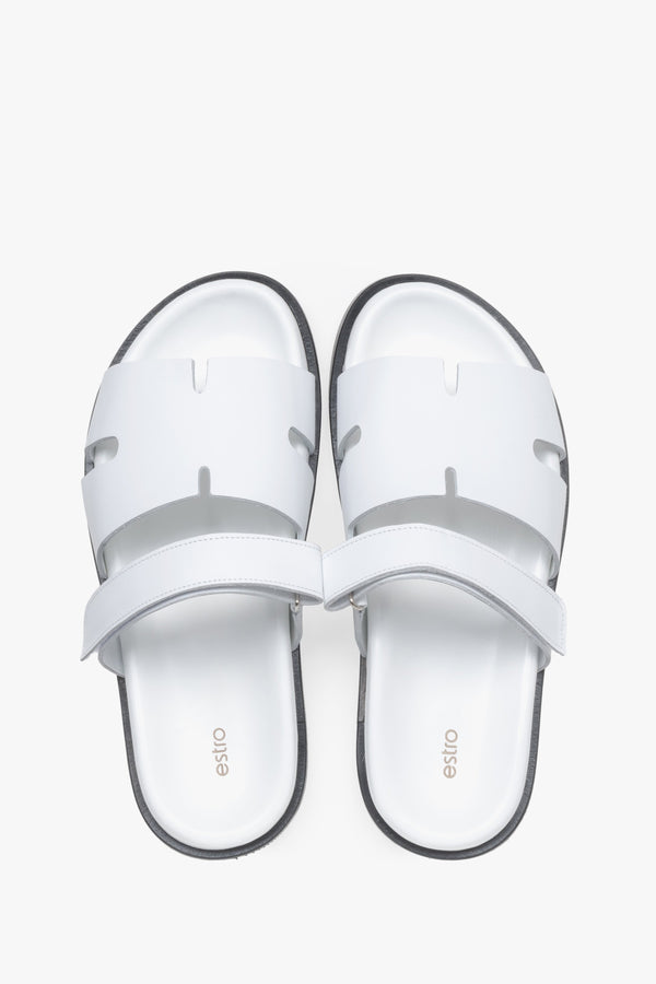 Women’s white leather slides with an adjustable strap, Estro – top view.