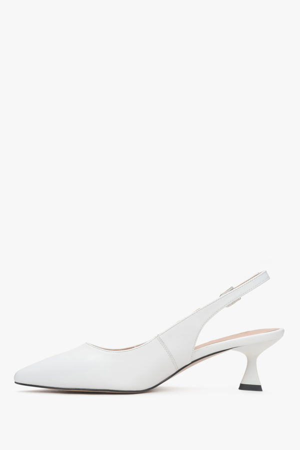 Women’s white leather slingback pumps with a low flared heel by Estro.