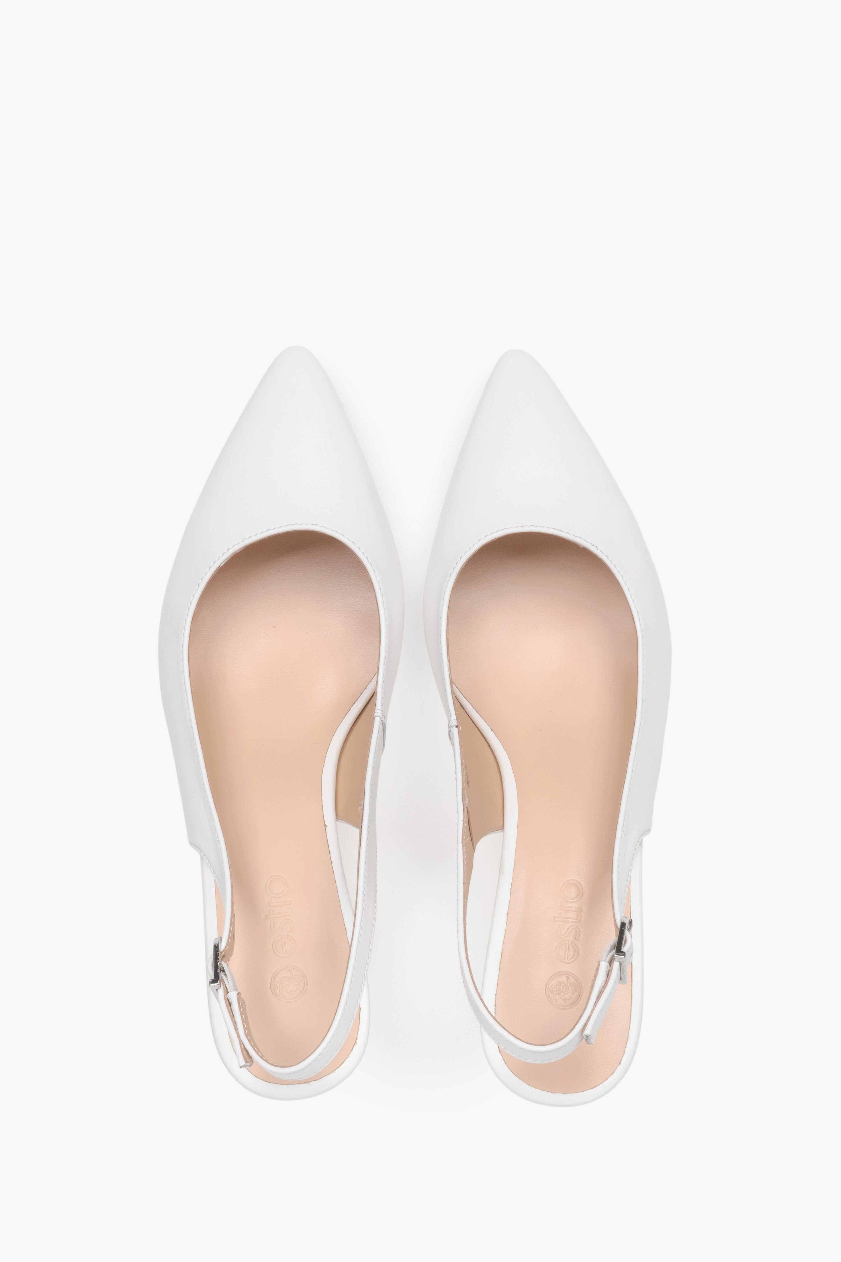 Women’s pumps, white, leather, slingback, low flared heel, Estro.