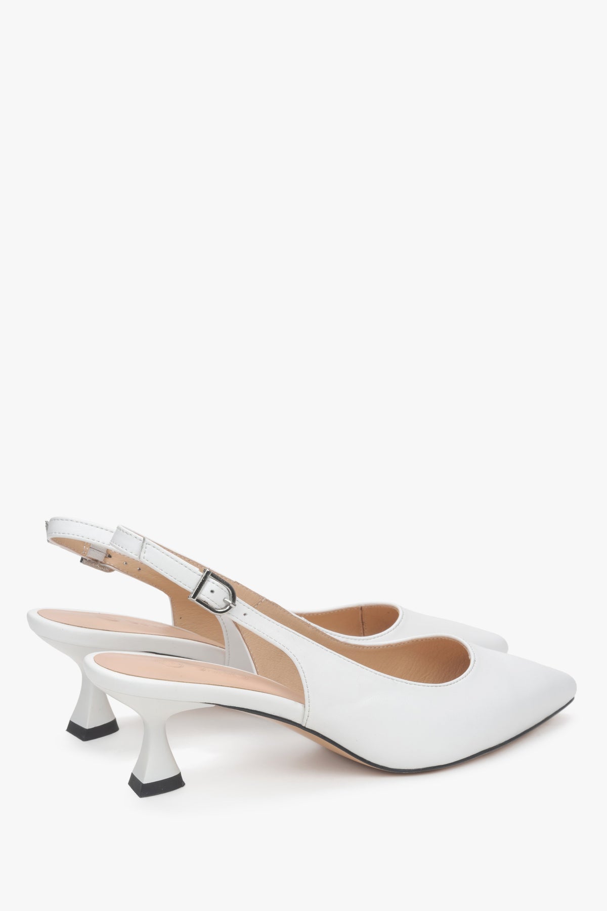 Slingback design, white leather women’s pumps with a low flared heel by Estro.