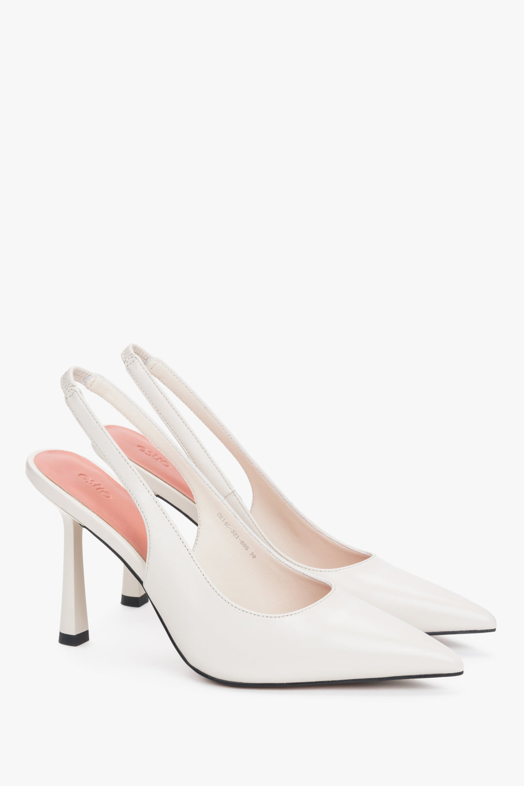 Elegant white genuine leather slingbacks on a 9.5 cm stiletto heel.
