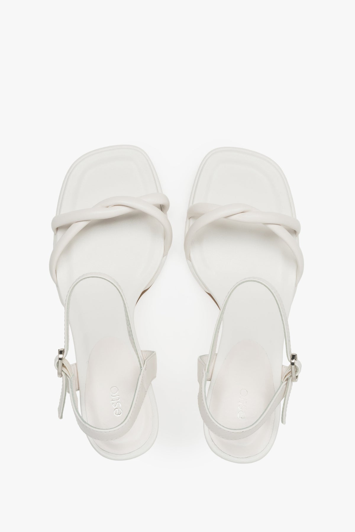 Estro women’s stiletto sandals, white, leather, with thin straps.