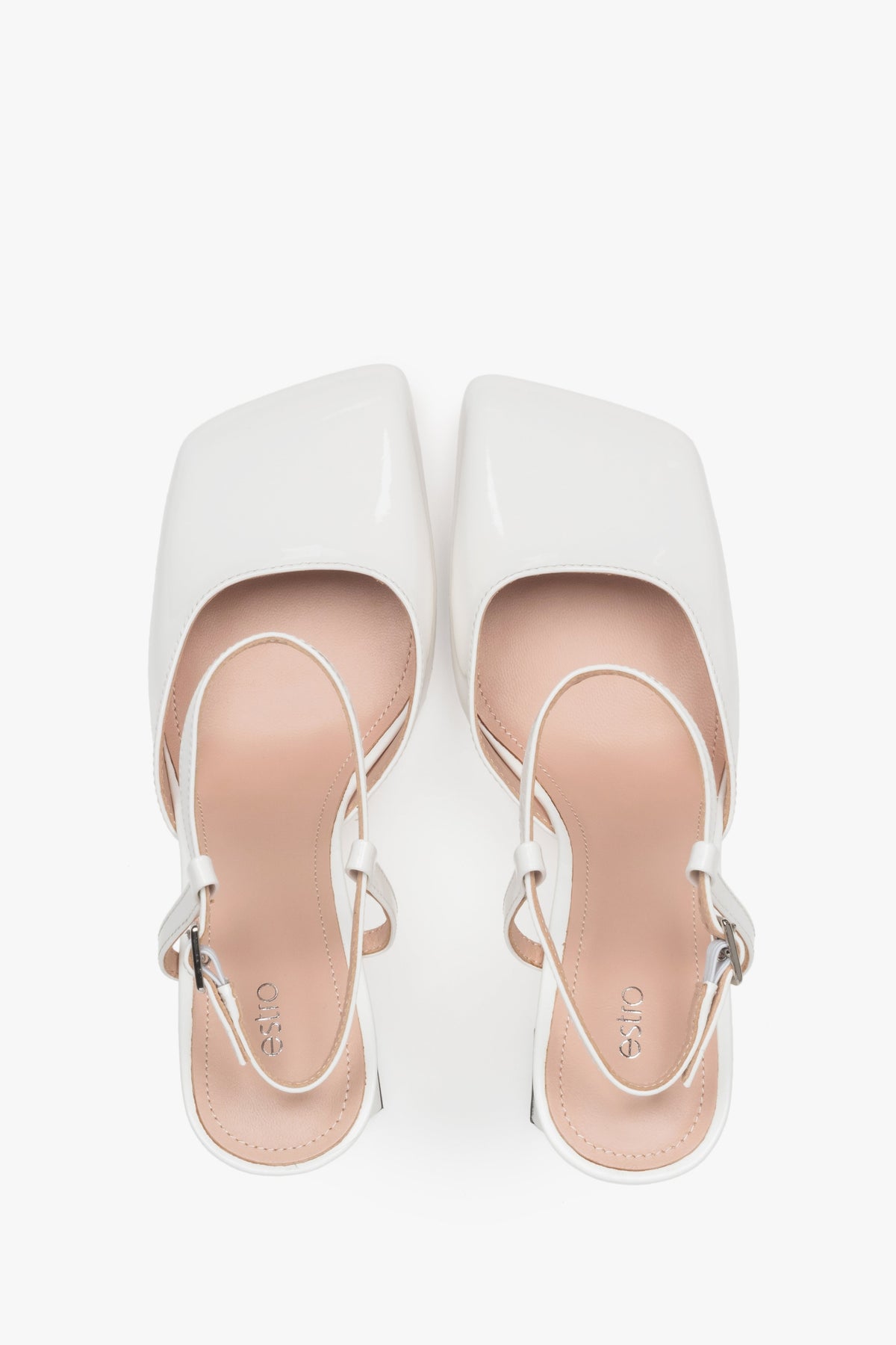 Women’s white block heel sandals in patent leather by Estro – top view.