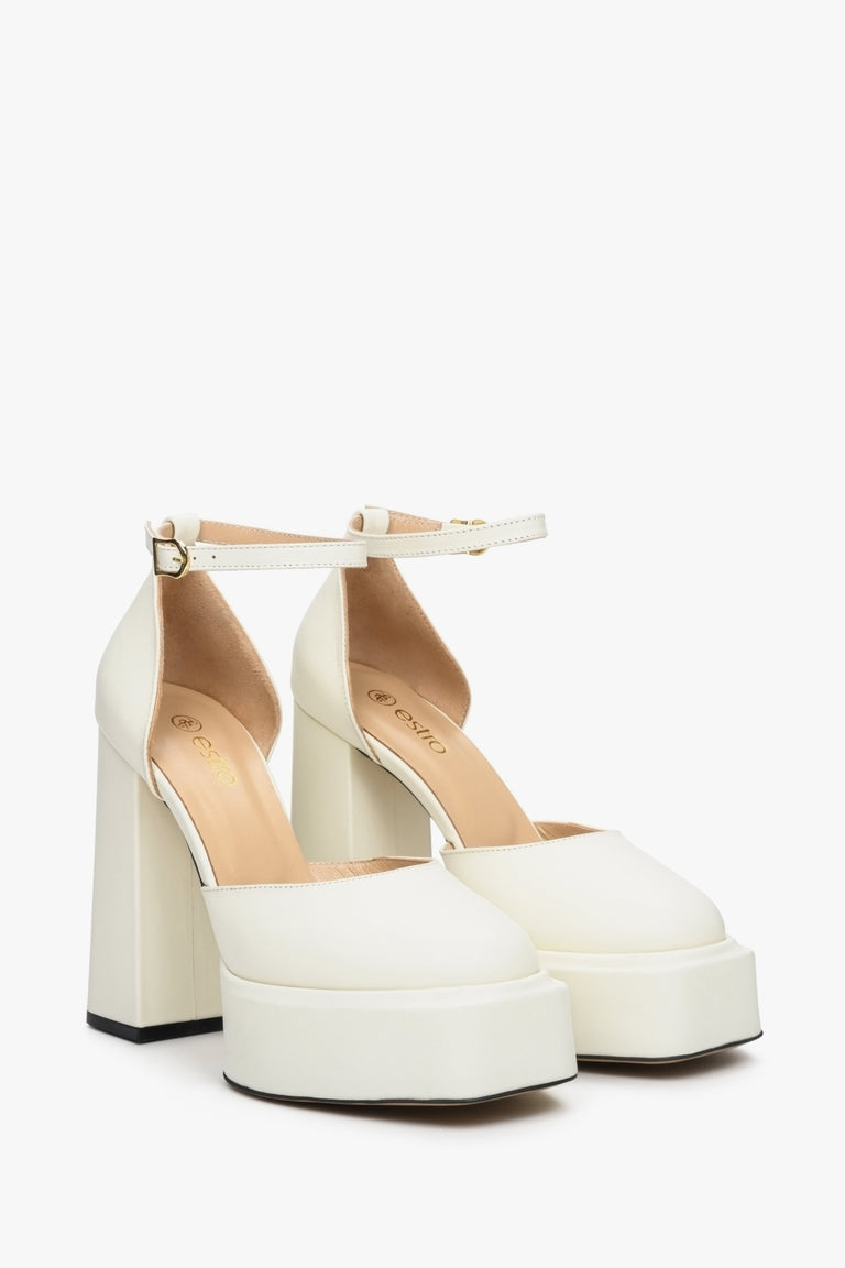 Women's white leather  sandals by Estro with a thick block heel and platform.