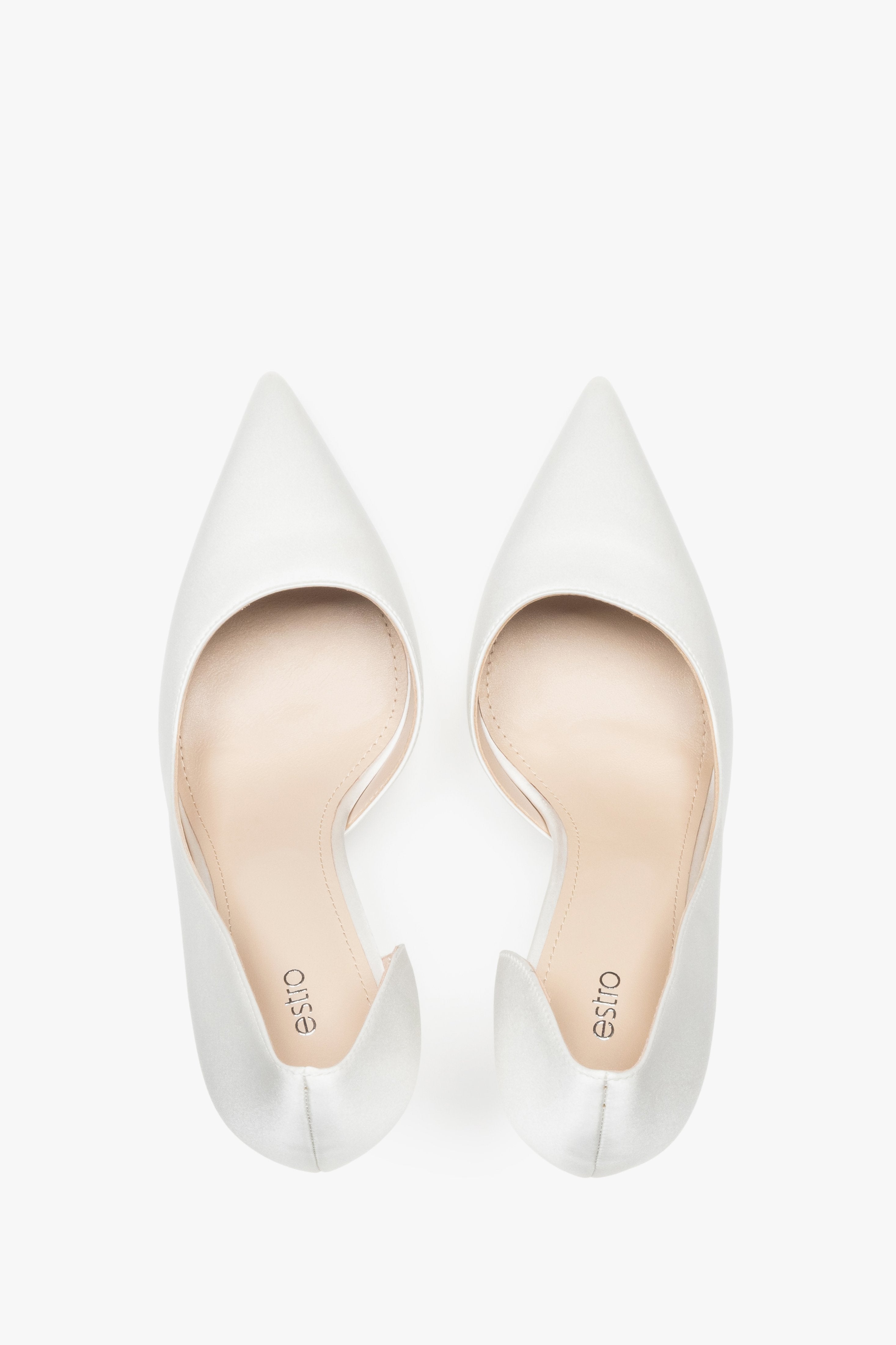Women’s white pointed-toe stiletto heels with a satin finish by Estro – top view.
