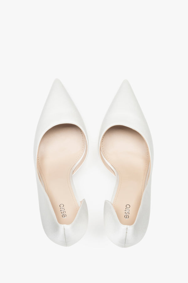Women’s white pointed-toe stiletto heels with a satin finish by Estro – top view.
