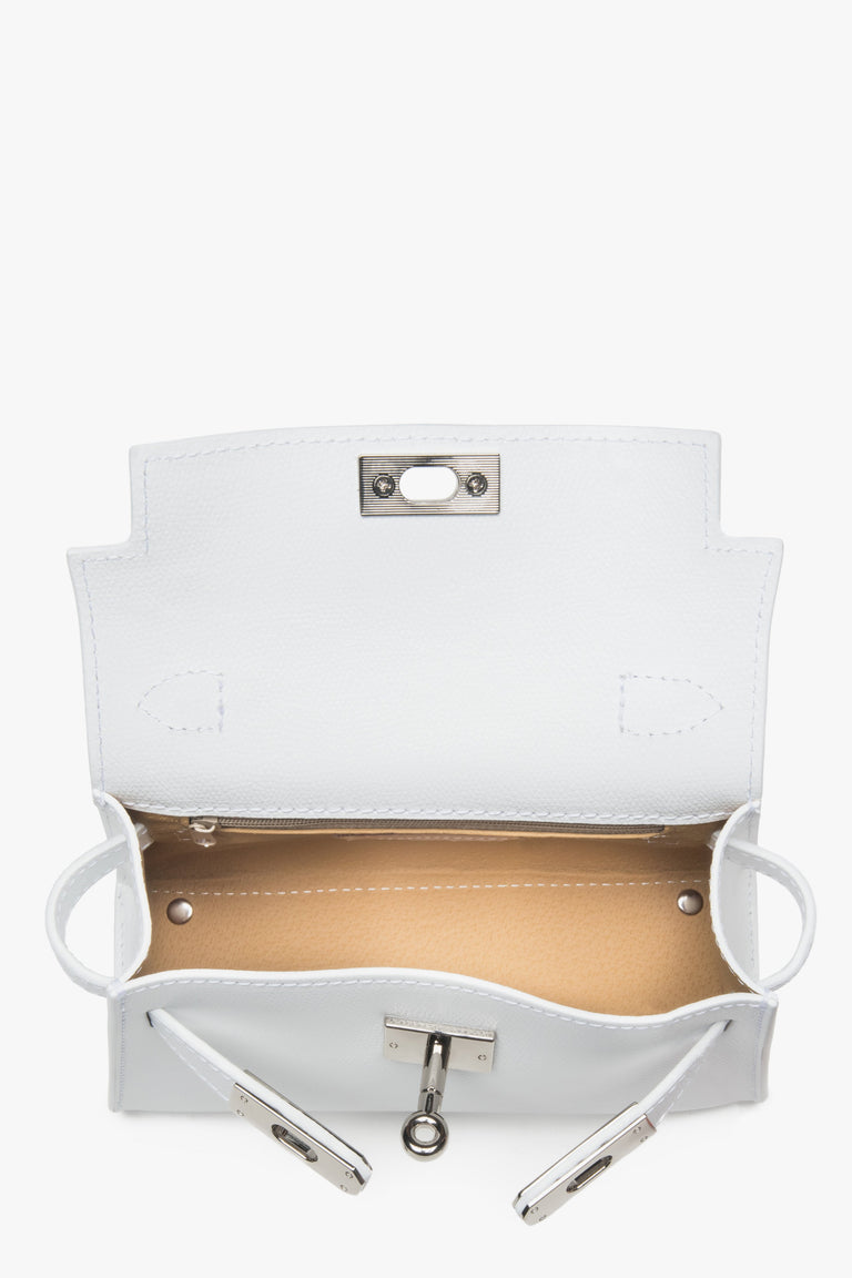 Snow-white satchel handbag by Estro with a geometric shape, crafted from luxurious smooth Italian leather.