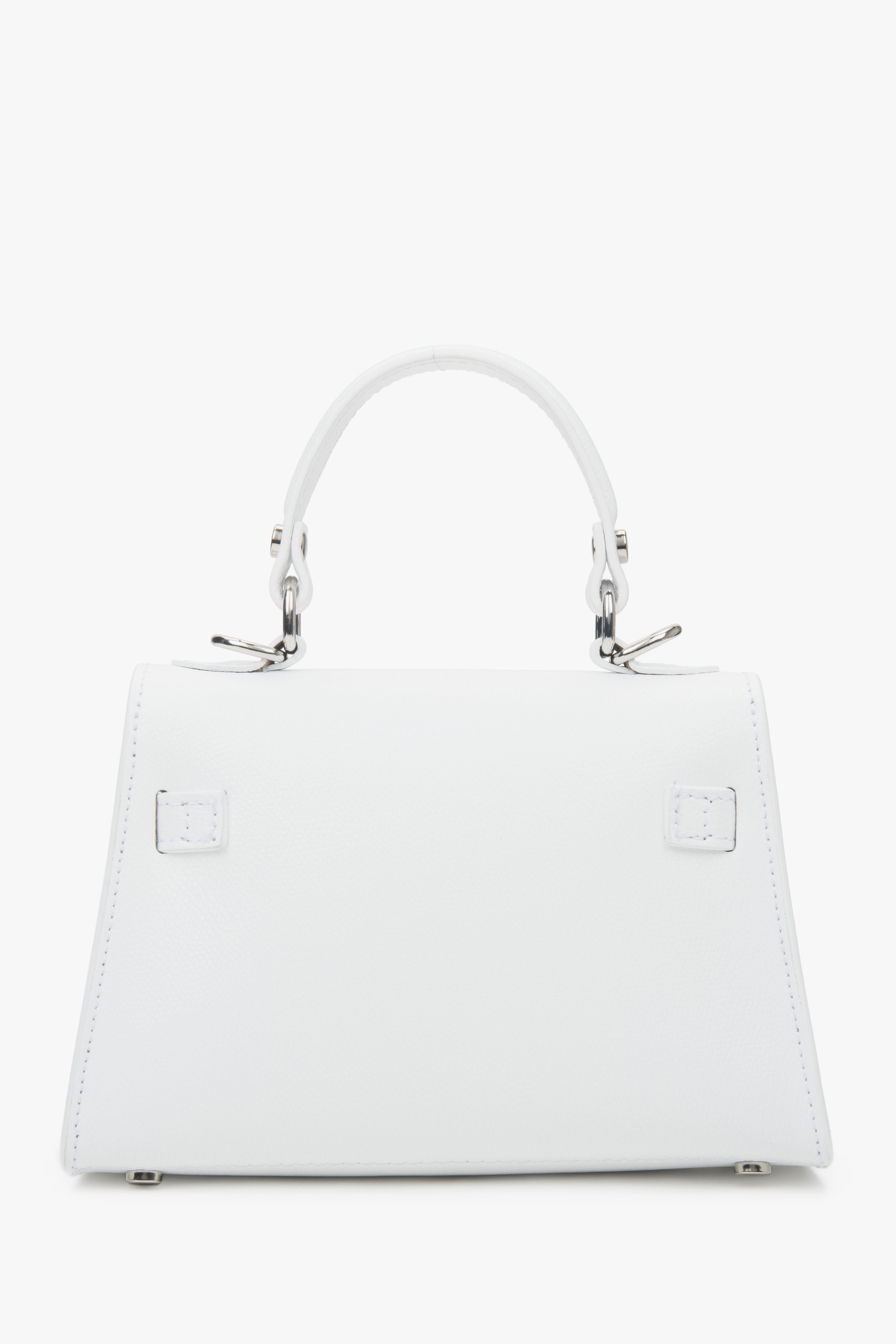 Compact white satchel handbag by Estro, crafted from exclusive premium Italian genuine leather.