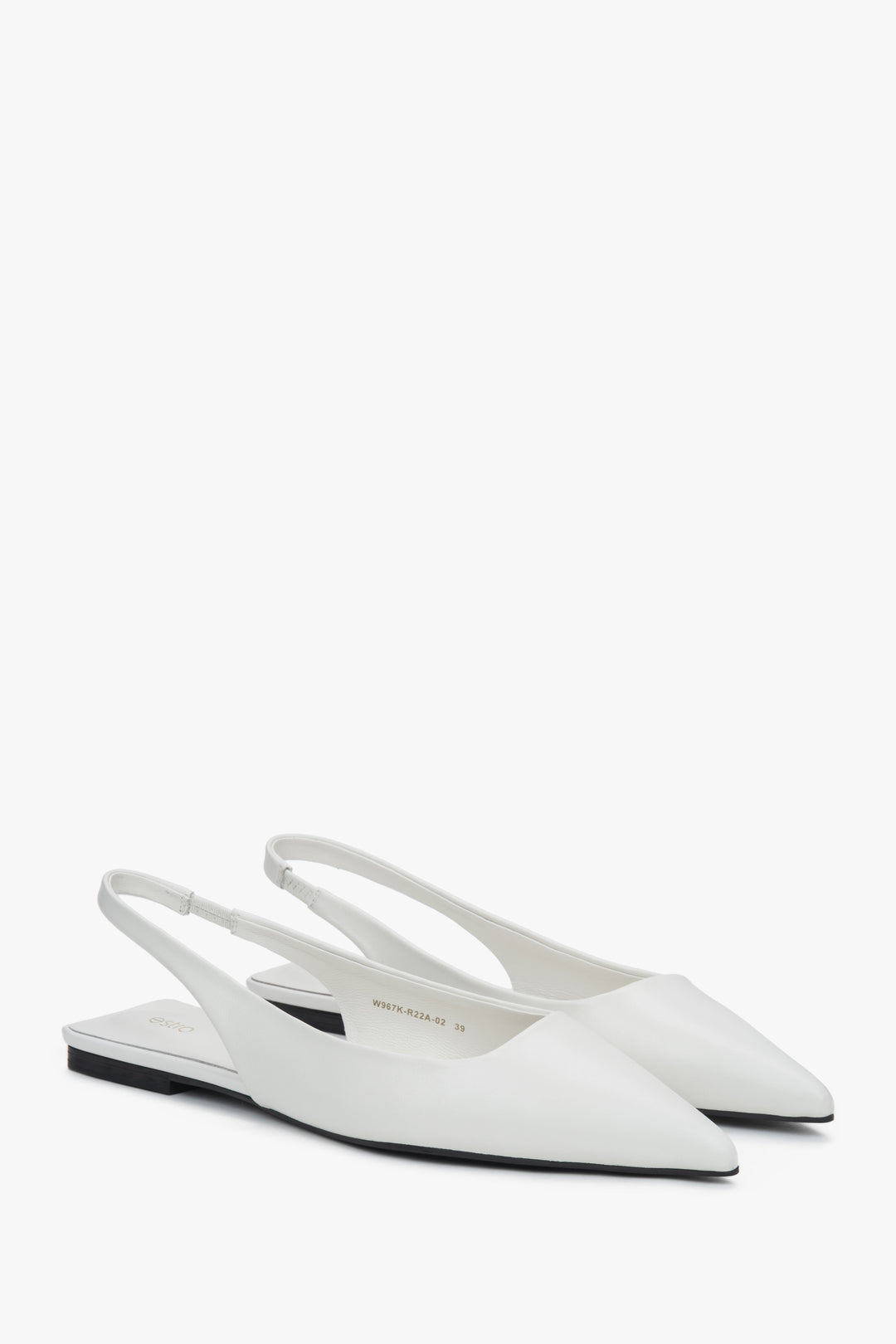 Women's white slingback sandals with a pointed toe and flat heel.