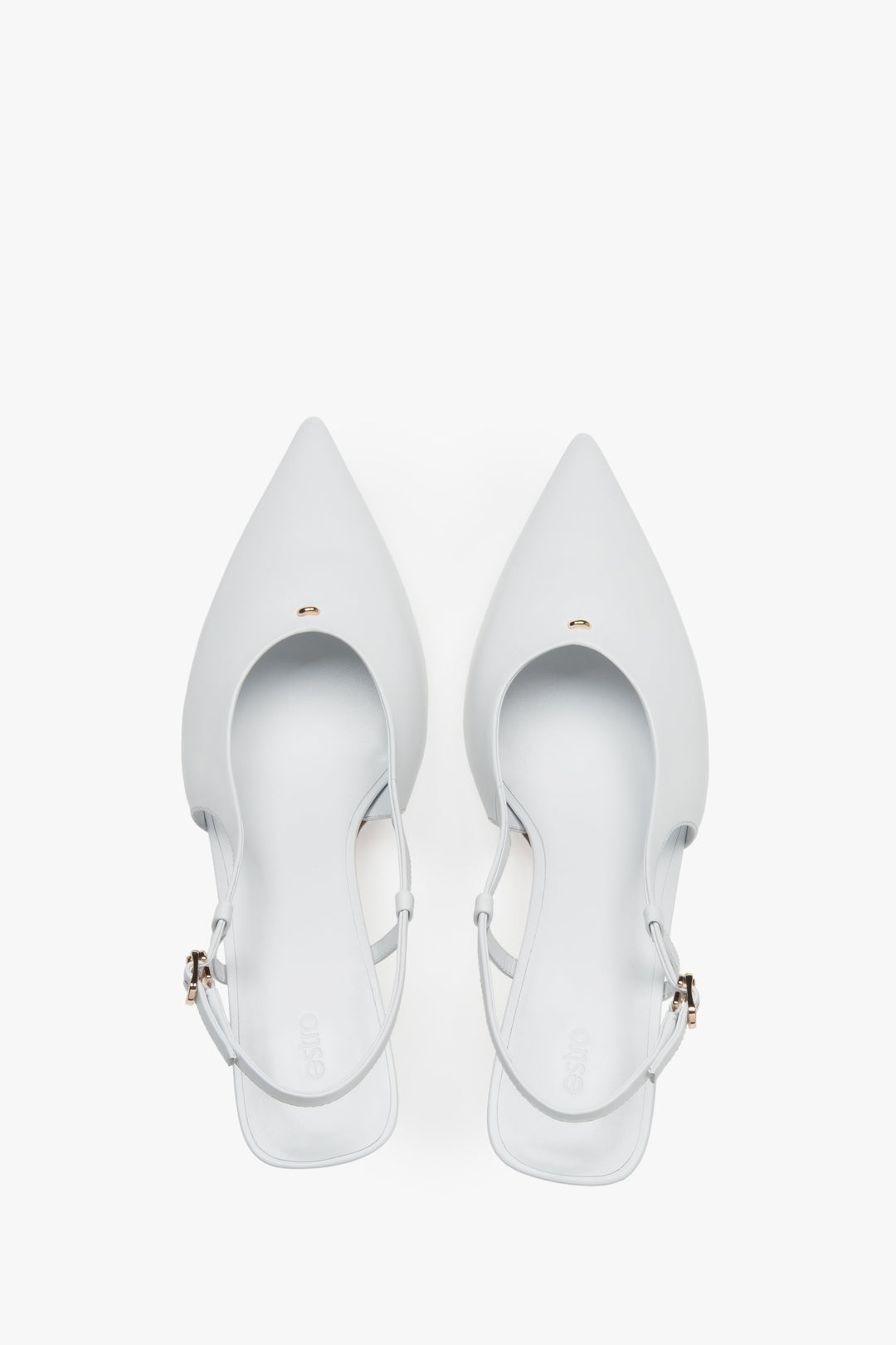 Women’s slingback pumps with an open heel, white, on a stable stiletto heel, Estro.