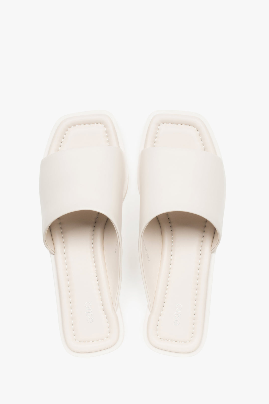 Women’s white slide sandals with a square toe, made of genuine leather, Estro.