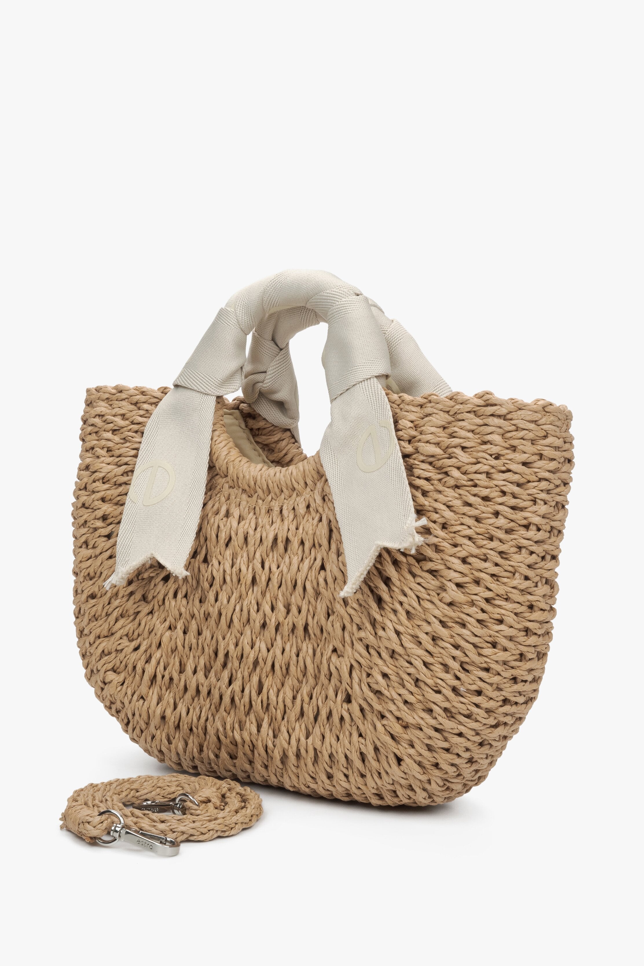 Women's Woven Straw Basket Bag with Light Beige Handle Estro.