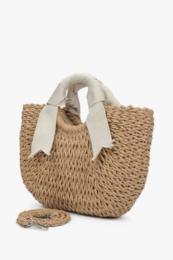 Women's Woven Straw Basket Bag with Light Beige Handle Estro.