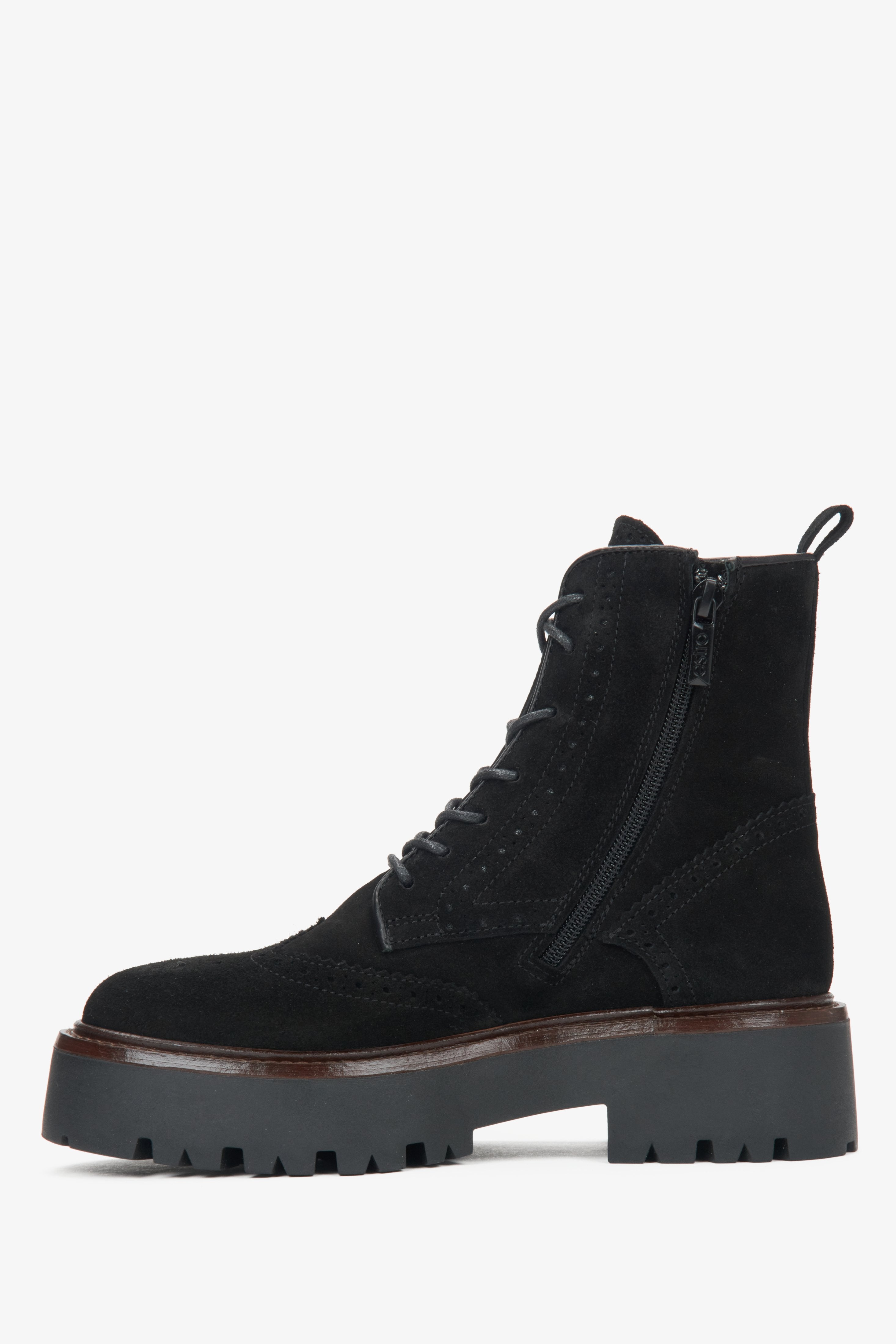 Women's black ankle boots made of natural velour by Estro - side profile of the shoe.