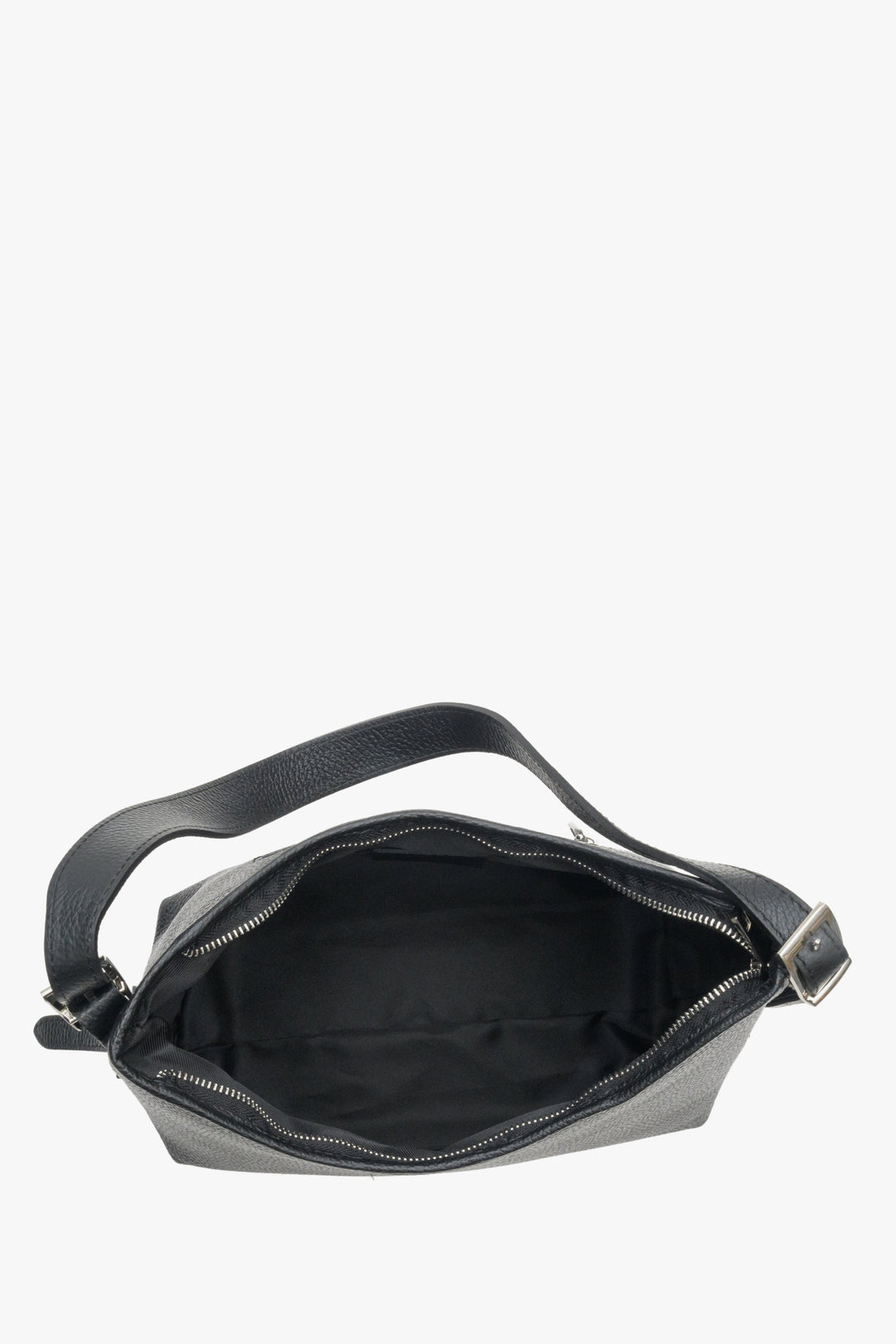 Leather,  women's black handbag by Estro with silver accents - close-up of the interior of the model.