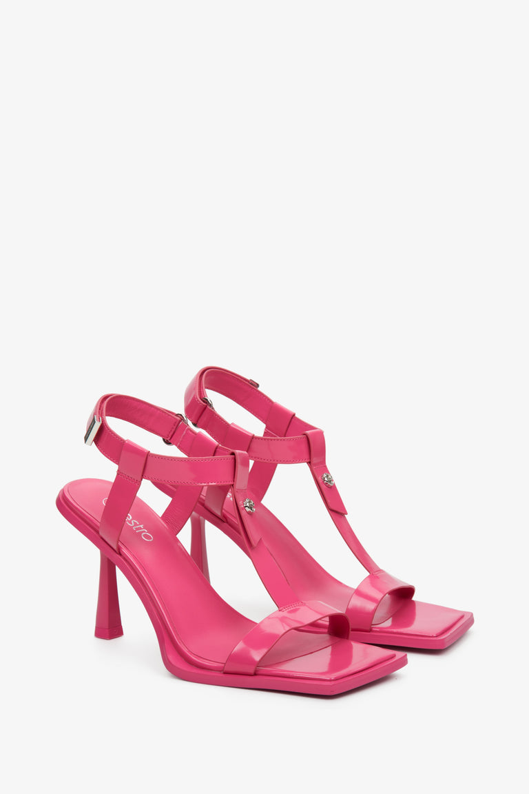 T-Bar pink strappy sandals on a high heel Estro - a close-up on shoe profile.