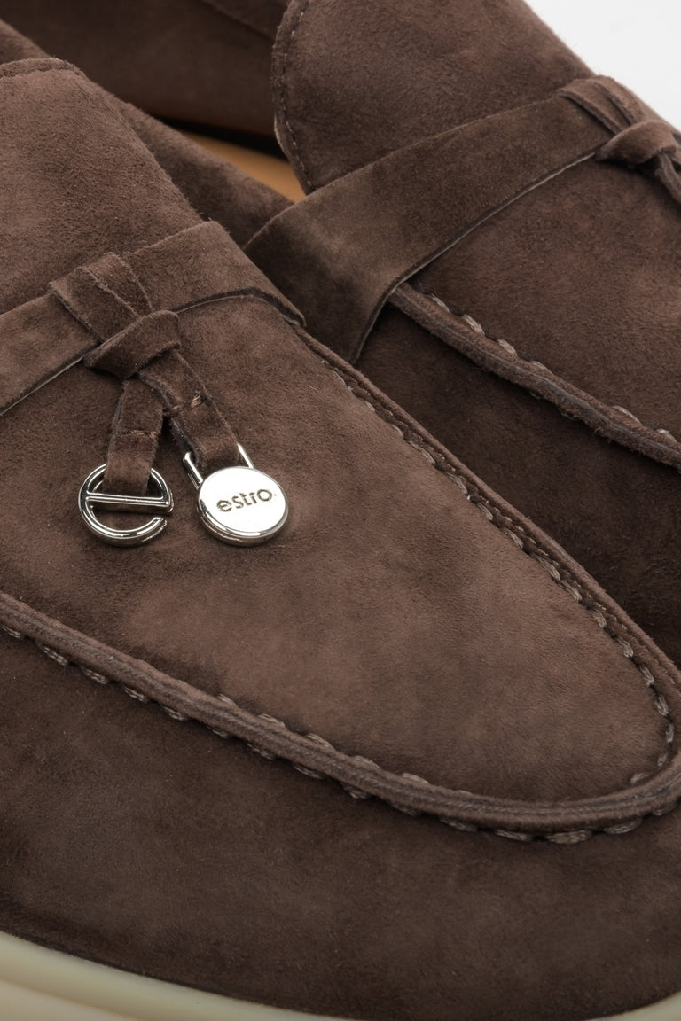 Saddle brown comfy and elegant women's velour loafers - close-up on details.