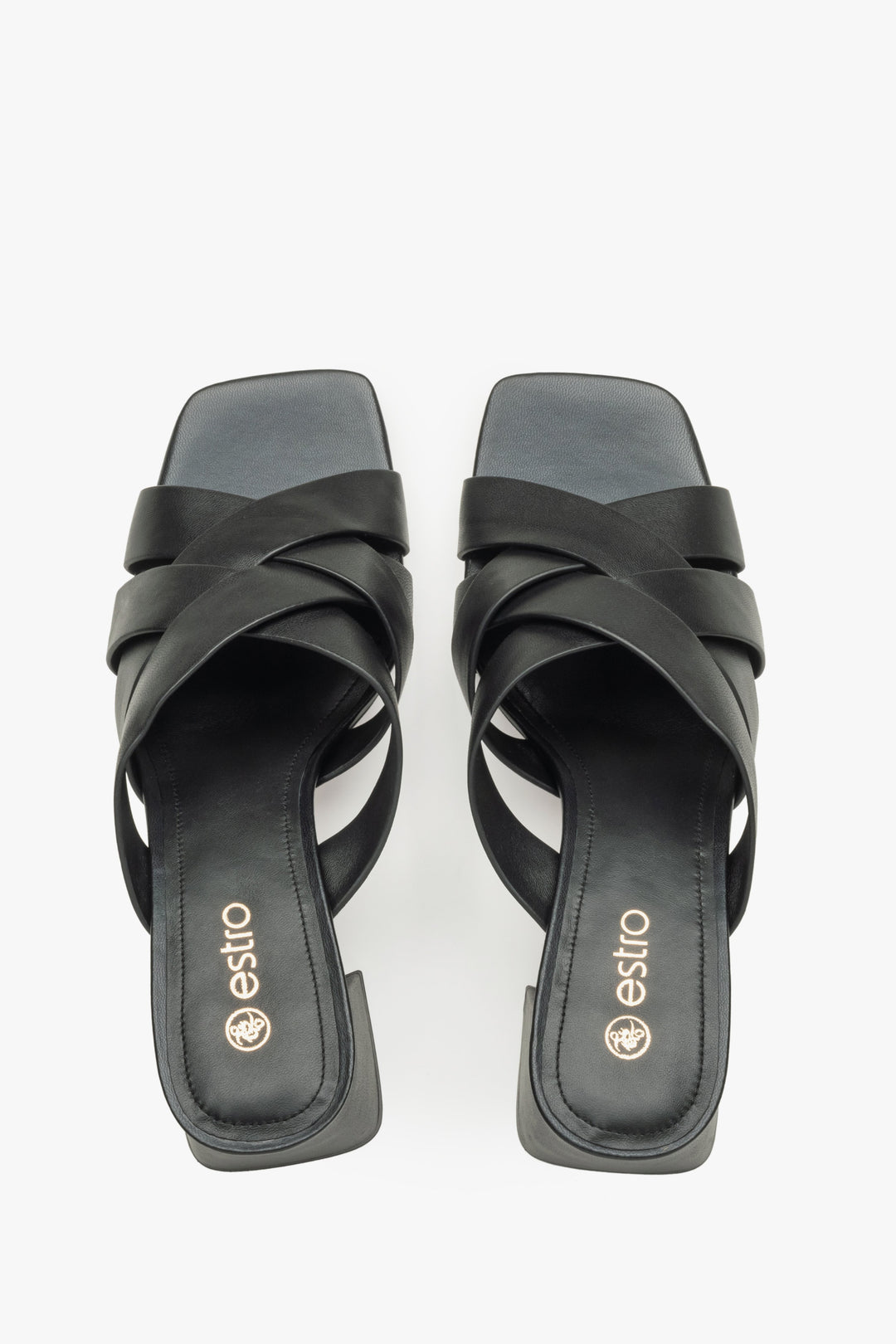 Women's sandals with a block heel made of genuine leather in black color - top view presentation of the model.