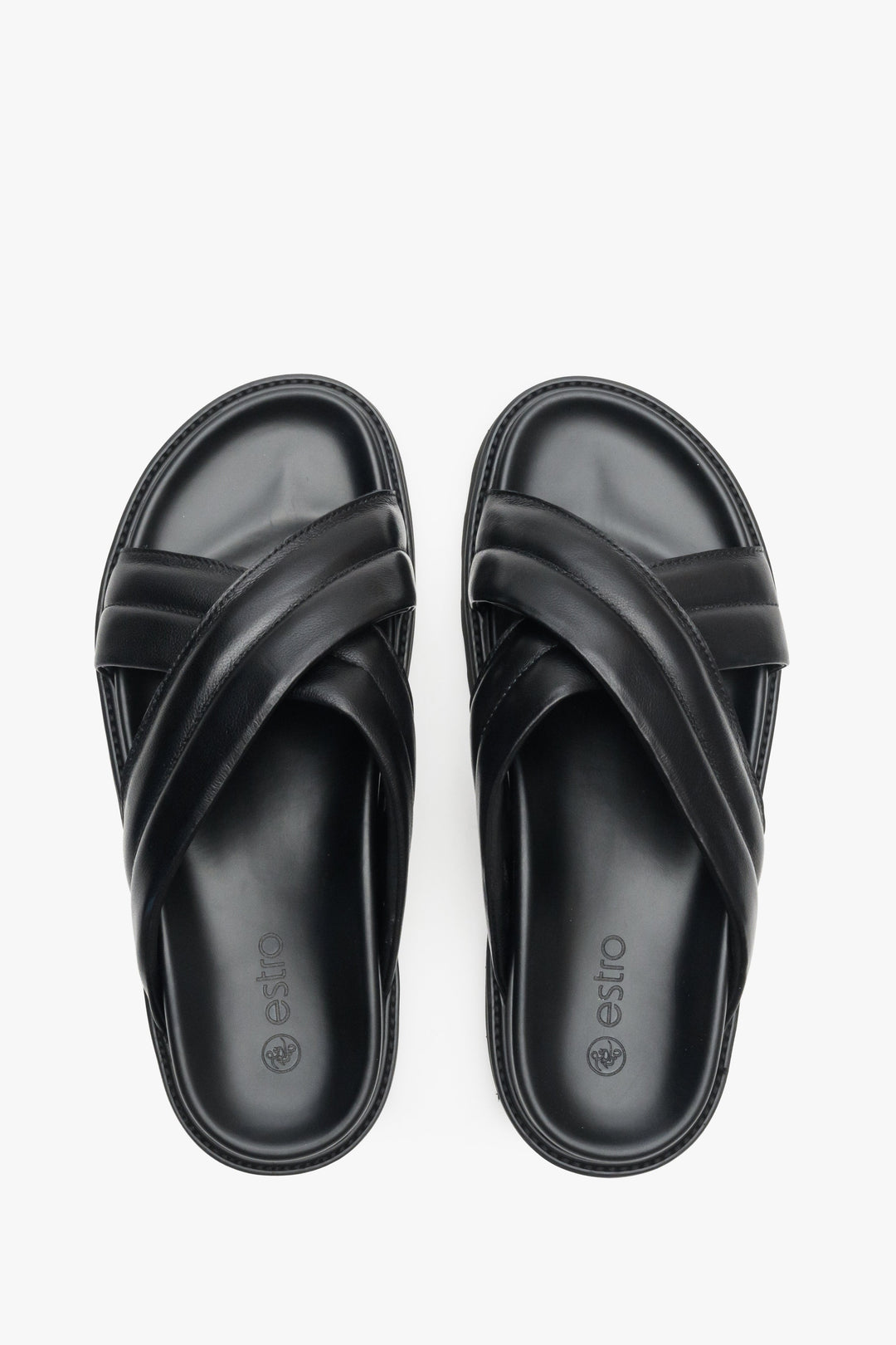 Black men's Estro sandals with wide, soft, black cross straps - top view model presentation.
