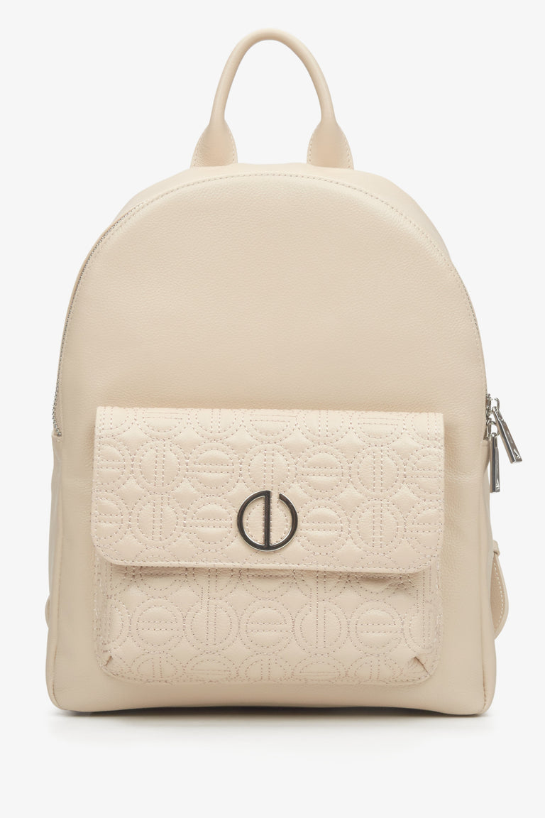 Women's Light Beige Leather Backpack with Silver Details Estro ER00115048.