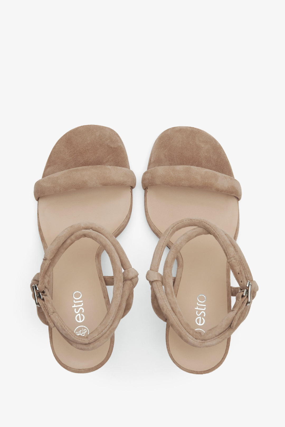 Women's beige leather & velour strappy sandals of Estro brand - presentation from above.