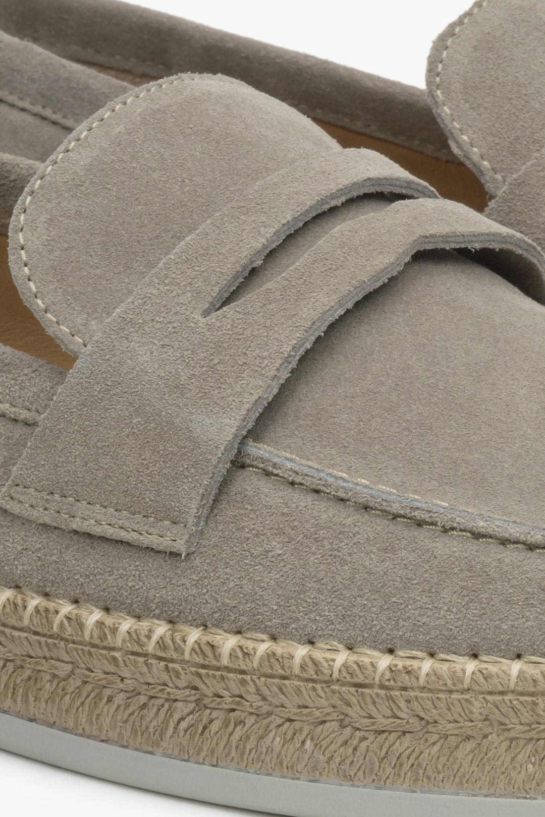 Men's beige velour moccasins - close-up on detail.