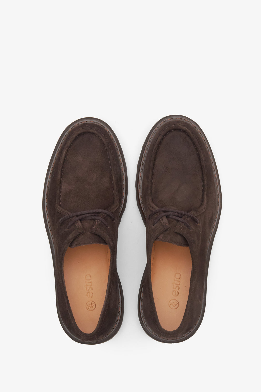 Men's brown lace-up shoes in genuine velour by Estro - top view presentation of the model.
