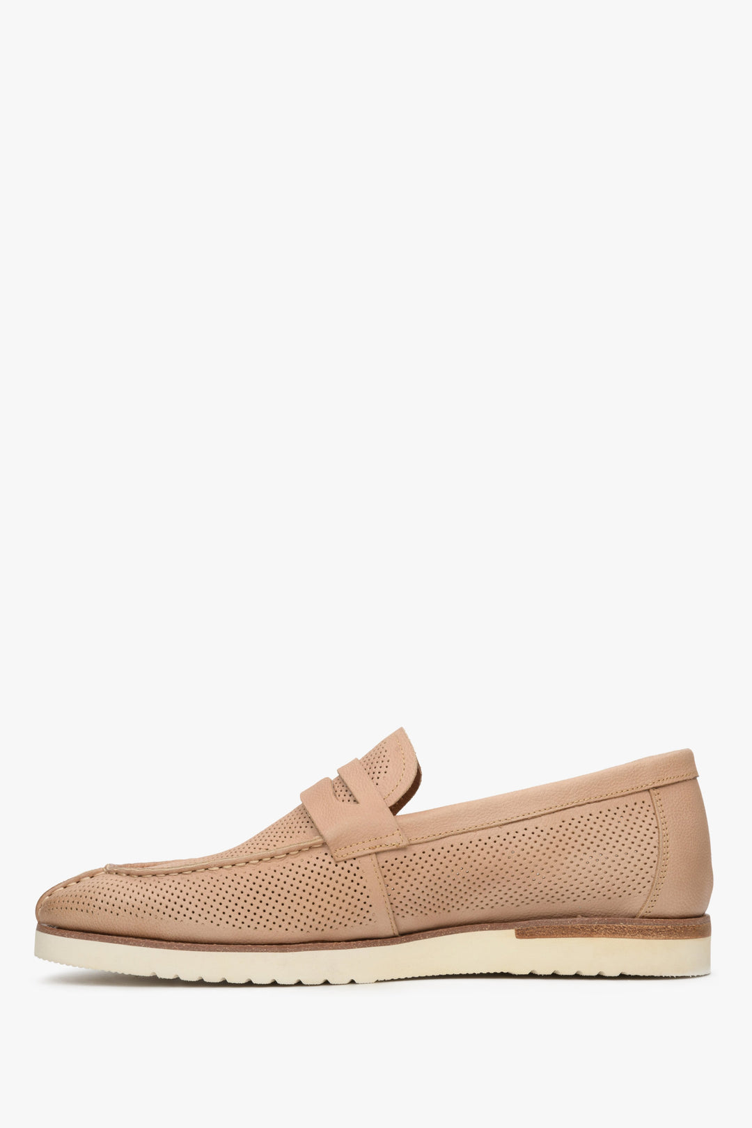 Men's beige nubuck penny loafers, perforated - shoe sideline.
