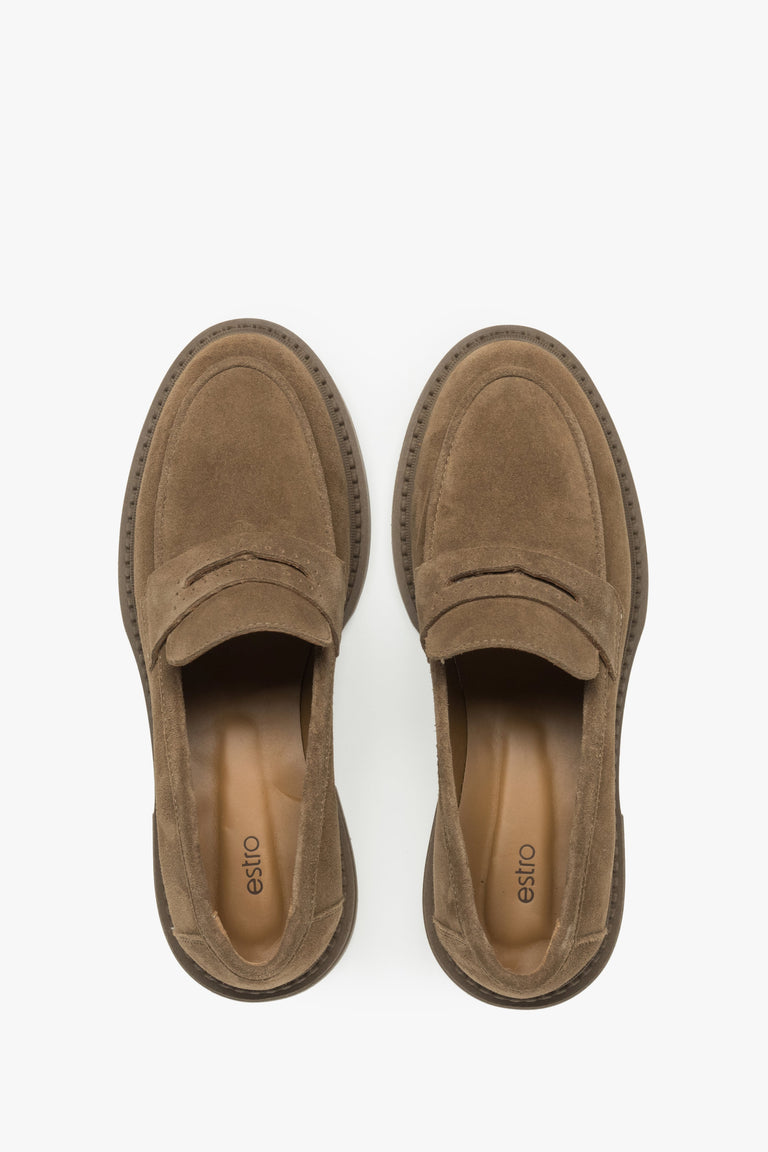 Italian natural velour in light brown women's Penny loafers by Estro - top view presentation.