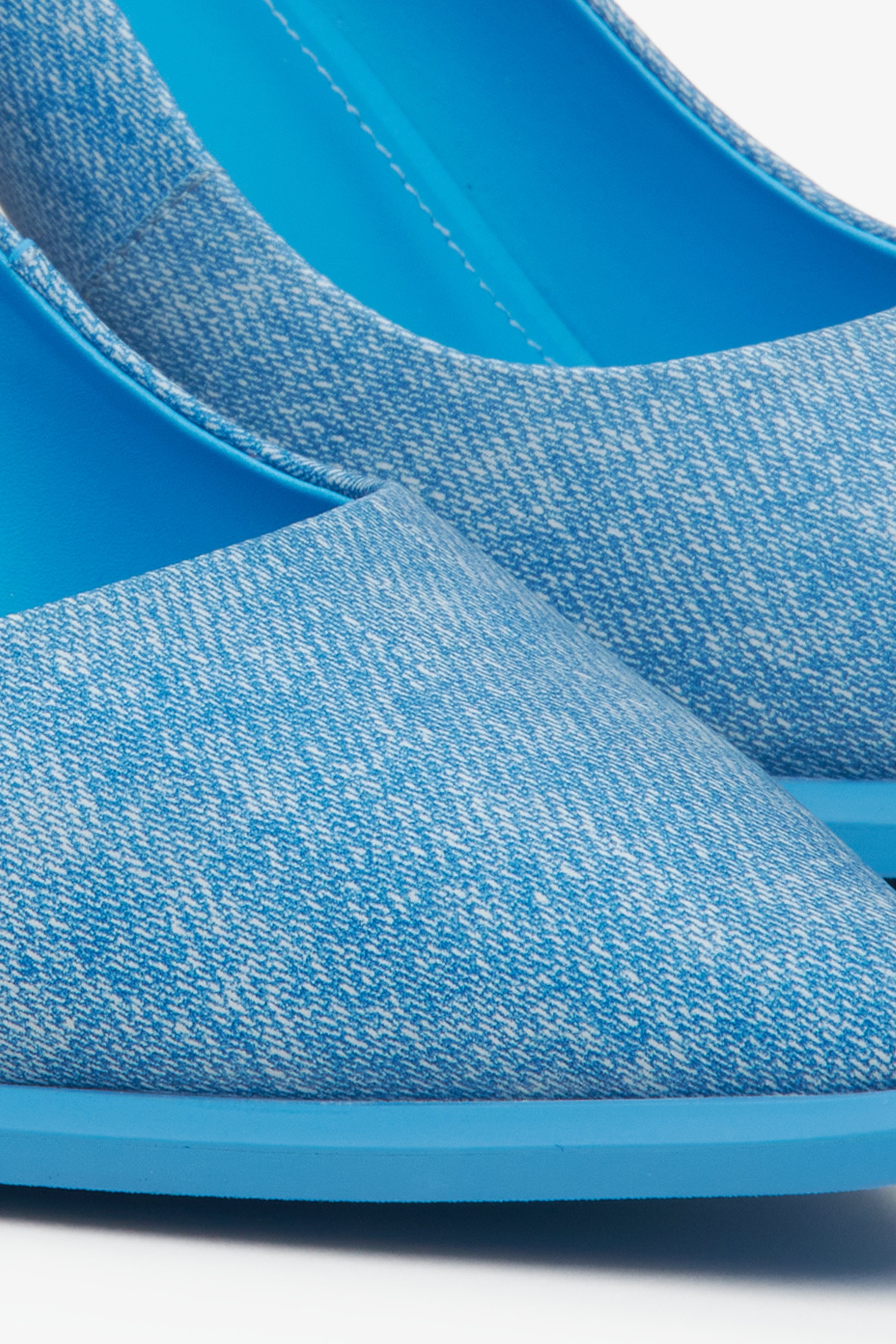 Blue textured denim women's pumps by Estro - close-up on detail.