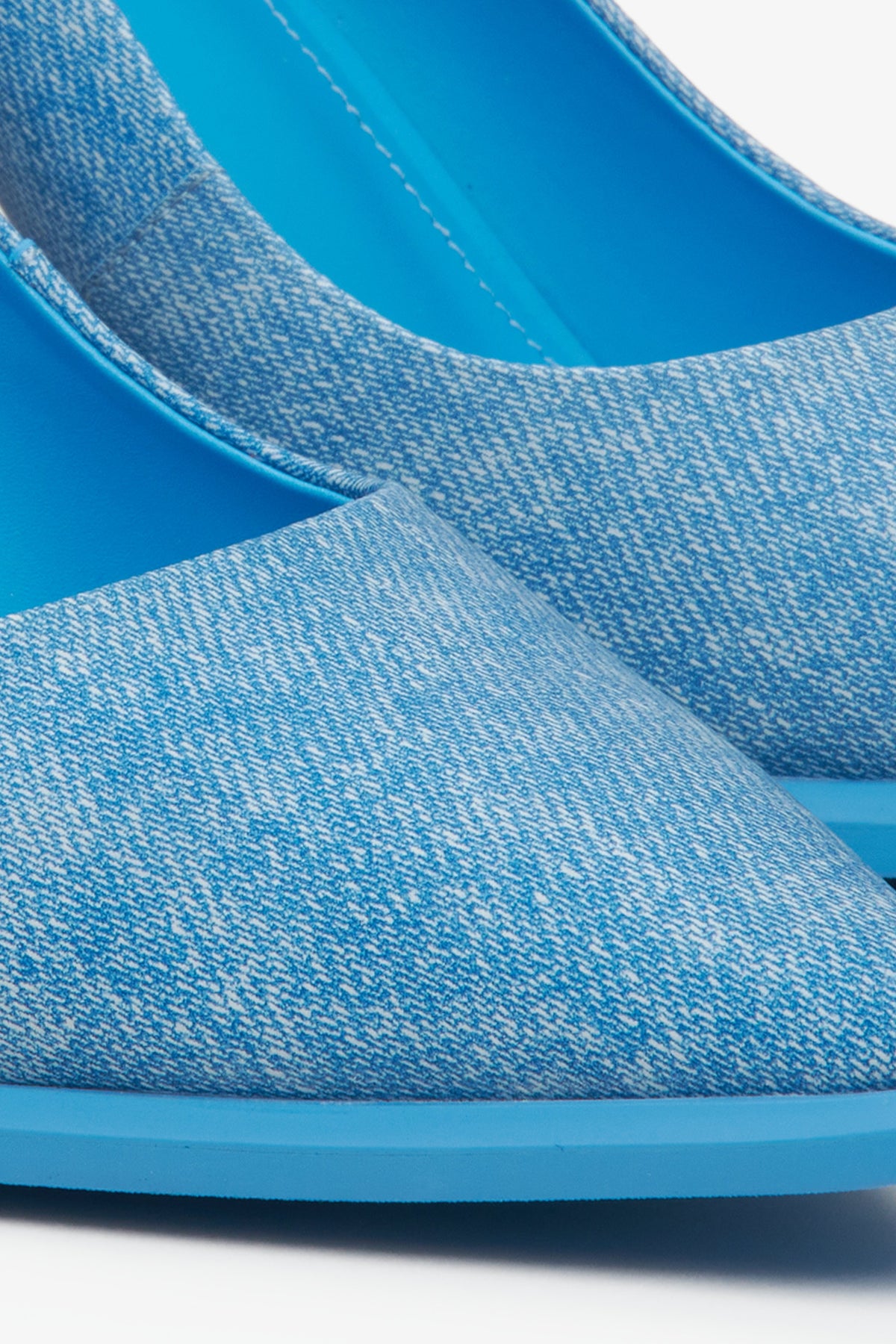Blue textured denim women's pumps by Estro - close-up on detail.