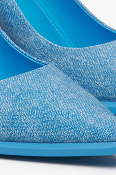 Blue textured denim women's pumps by Estro - close-up on detail.