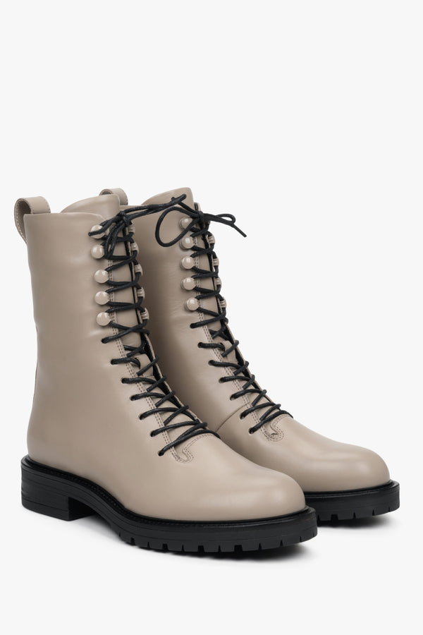 High women's fall boots made of genuine beige leather by Estro.