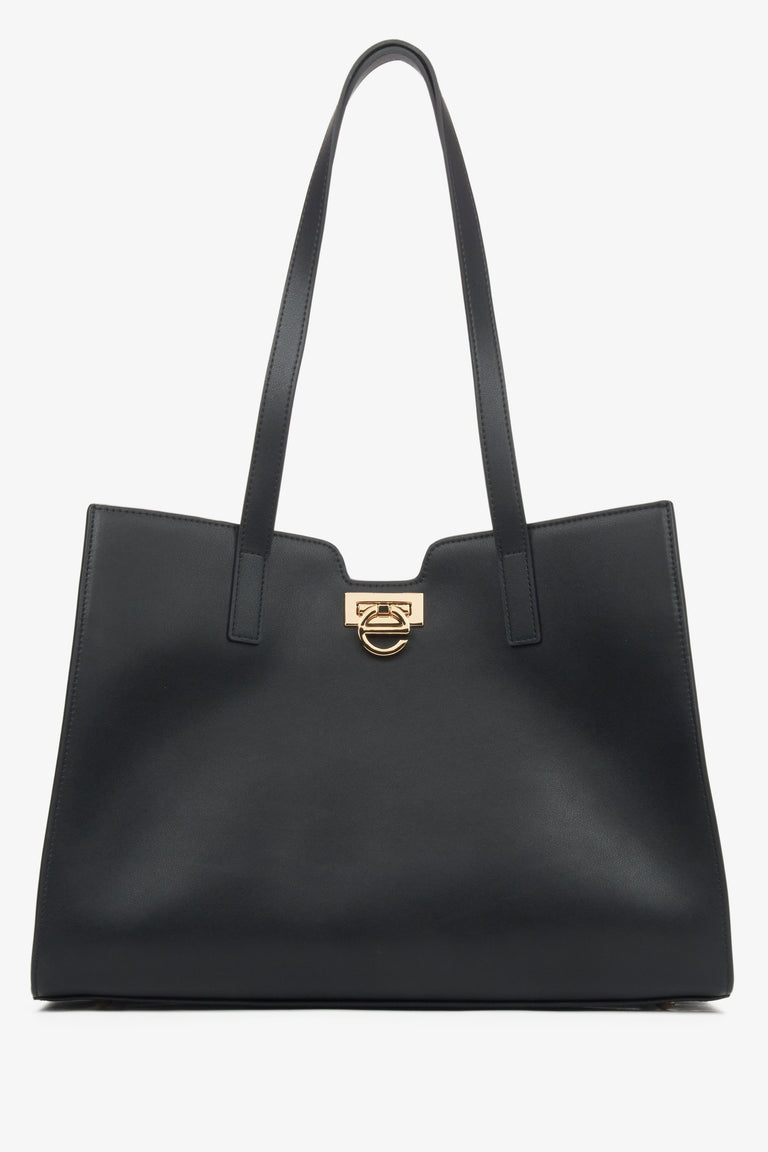 Women's Black Leather Shopper Bag with Gold Hardware Estro ER00115797