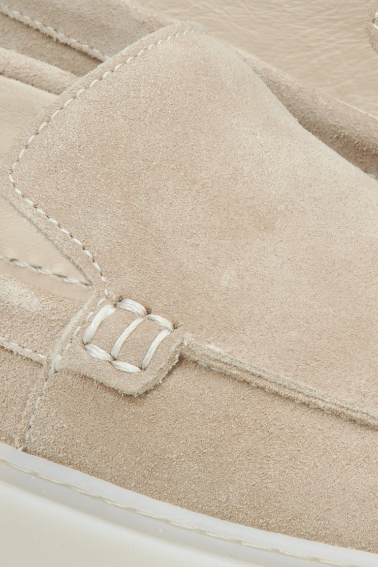 Beige velour women's loafers - a close-up on details.