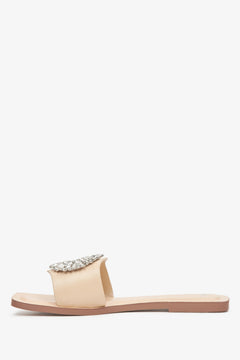 Women's flat slide sandals in sand beige with round embellishment Estro.