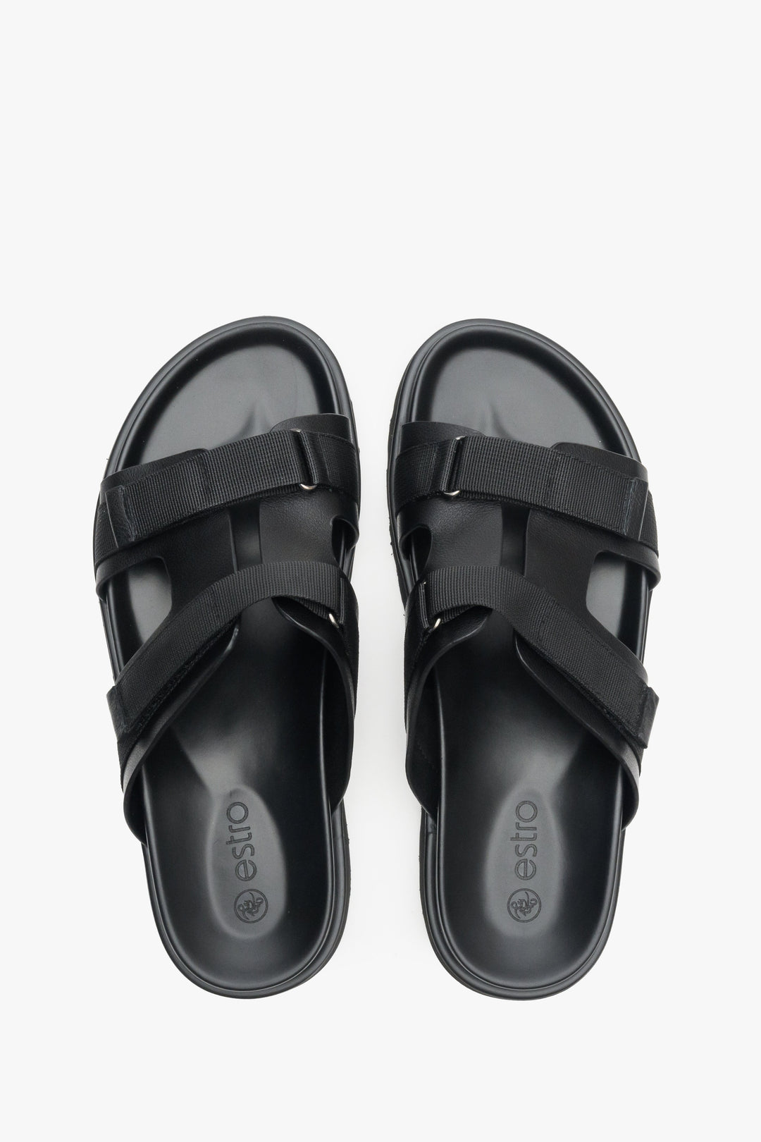 Men's black leather sandals by Estro - top view model presentation.